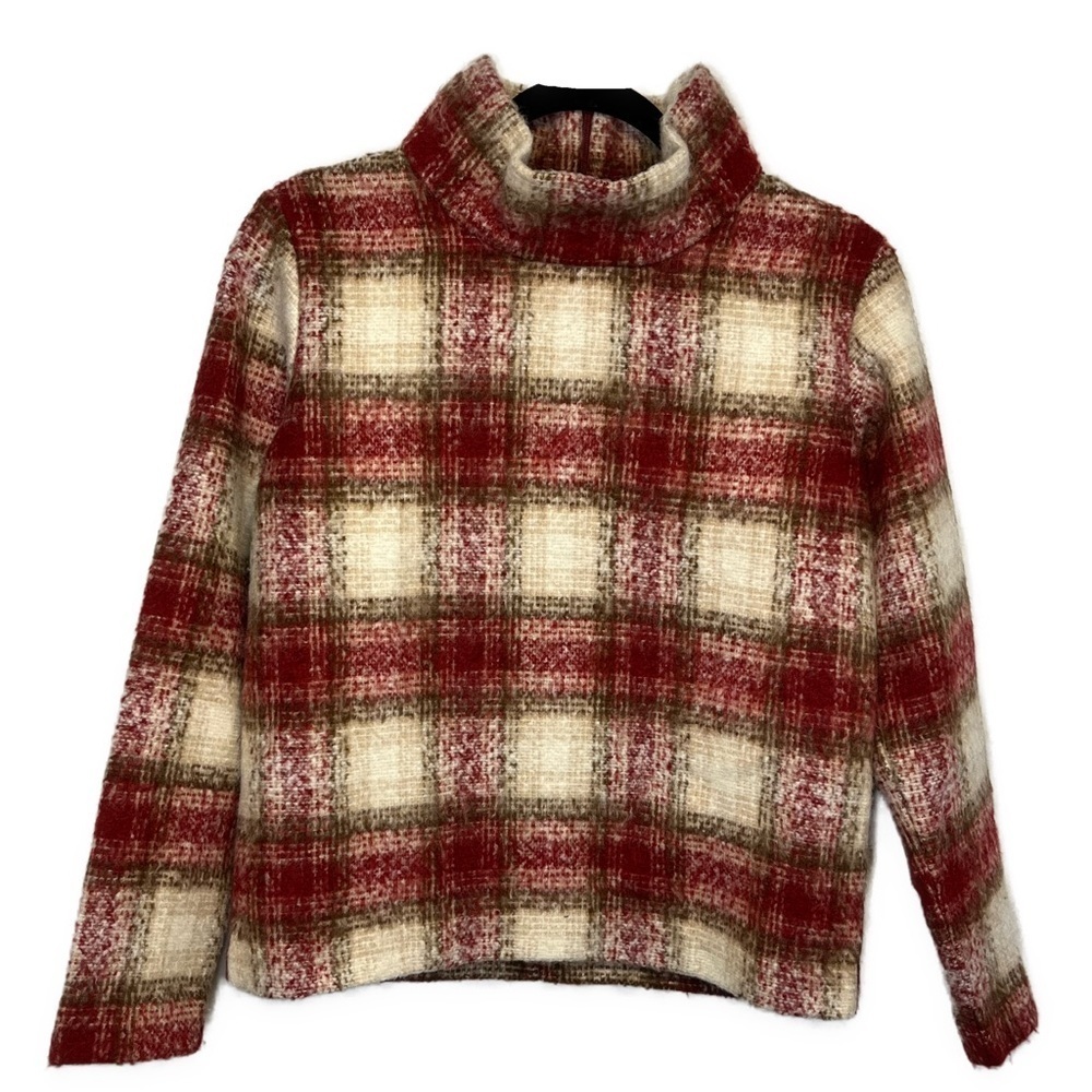 Just Female Plaid Wood Blouse Wool Blend Mock Neck